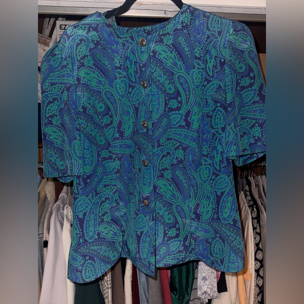 Leslie Fay Blue and Green Paisley Blouse